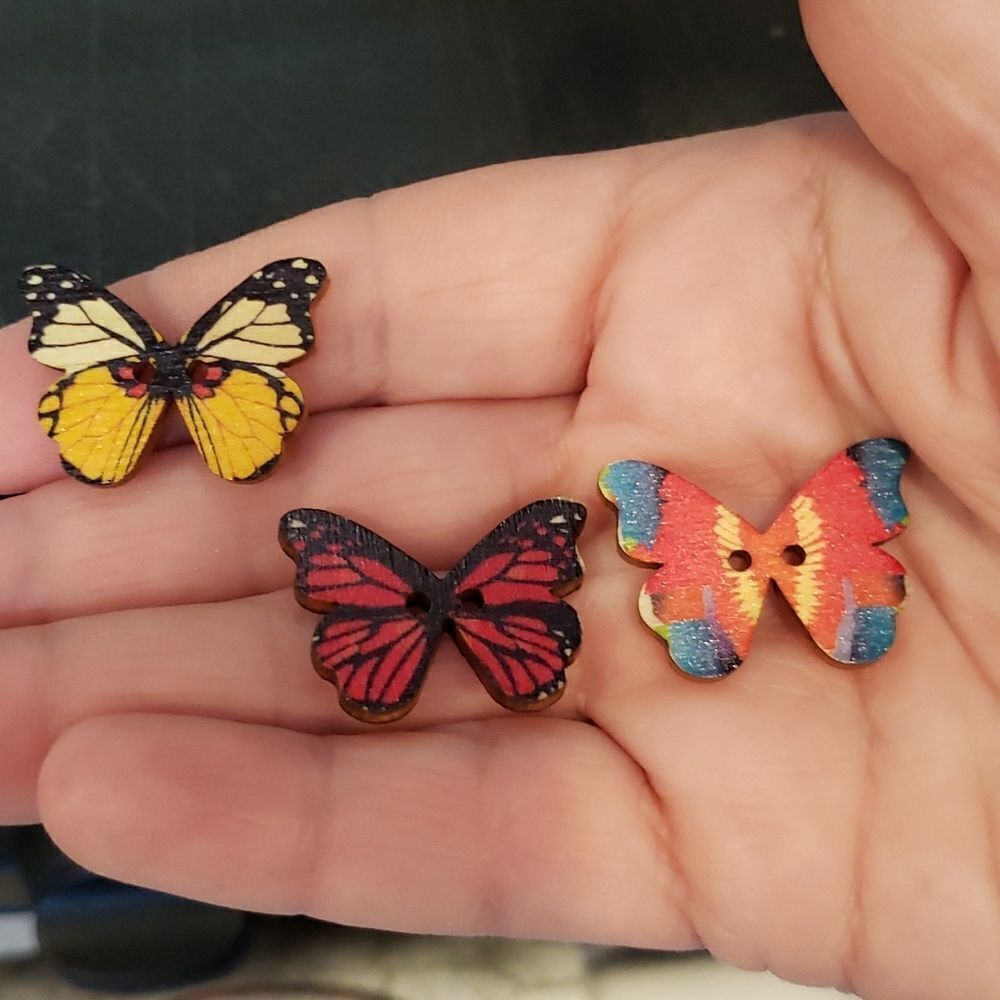 Assortment of 100 Colorful Hand Painted Wooden Butterfly Buttons - Picture 2 of 3
